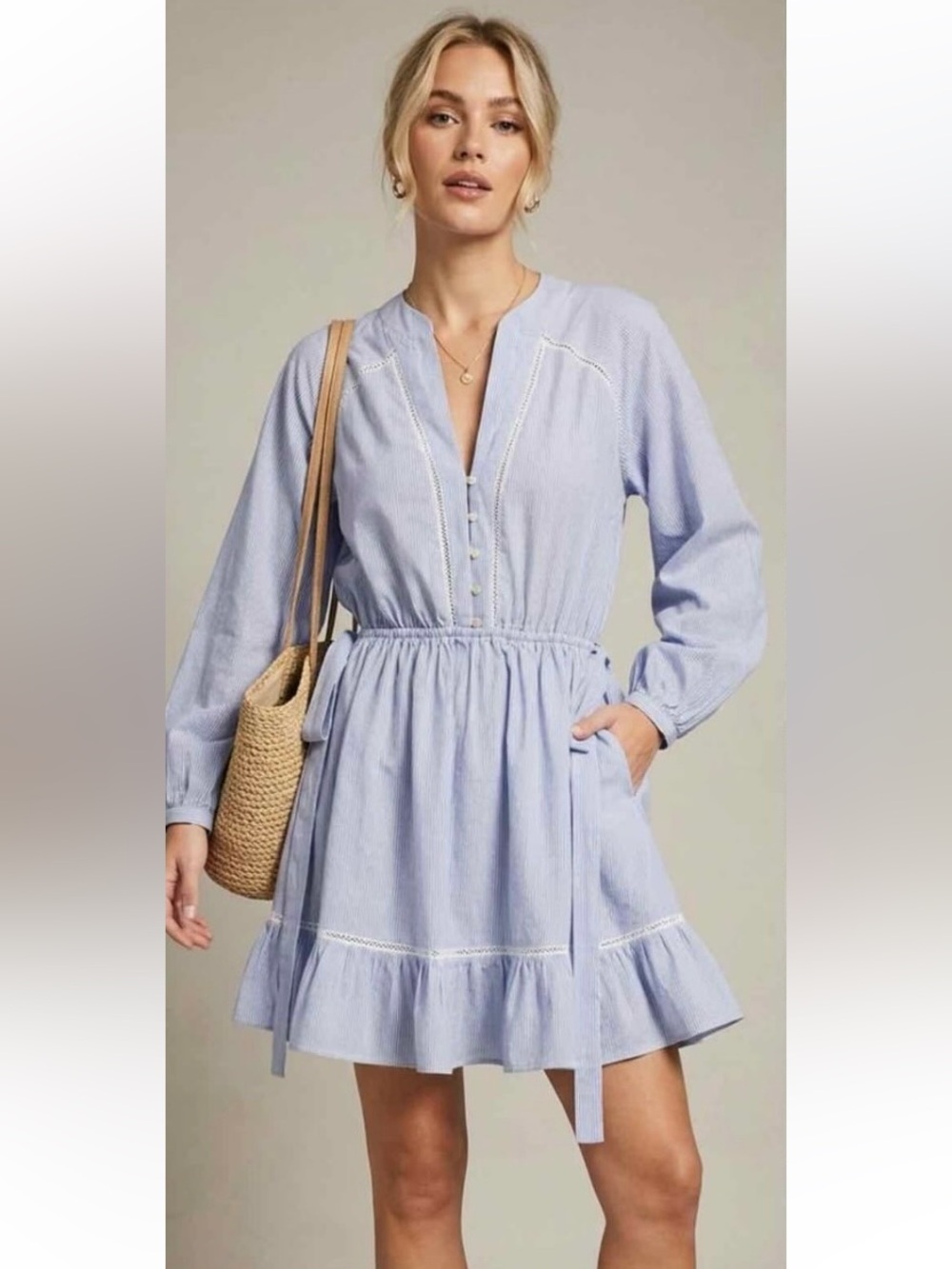 New ZARA Linen Bland Striped Inserts V-neck Long Sleeve Mini Dress